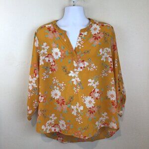 Daniel rainn Mustard Yellow Floral Print 3/4 Sleeve V Neck Blouse Shirt
